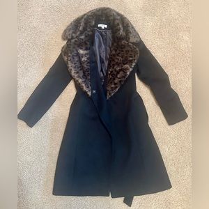 Via Spiga, Wool blend black trench coat with faux fur collar. Worn once.